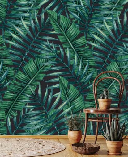 papel pintado de la selva de hojas tropicales oscuras