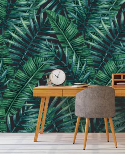 papel de parede de selva de folhas tropicais escuras