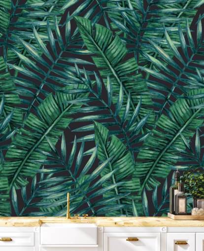 papel de parede de selva de folhas tropicais escuras