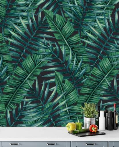 papel de parede de selva de folhas tropicais escuras