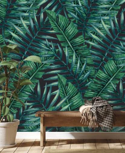 papel pintado de la selva de hojas tropicales oscuras