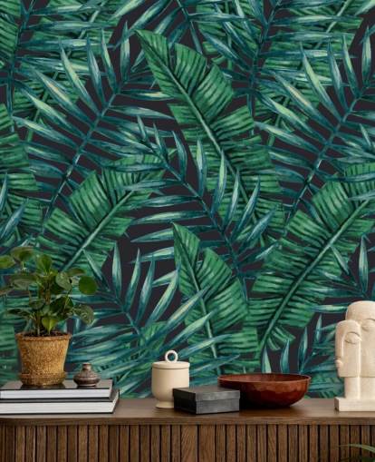 papel pintado de la selva de hojas tropicales oscuras