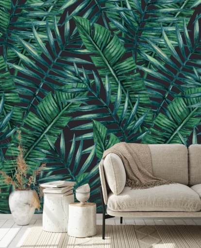 feuilles-tropicales-foncées-jungle-papier peint