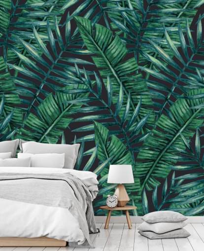 papel de parede de selva de folhas tropicais escuras