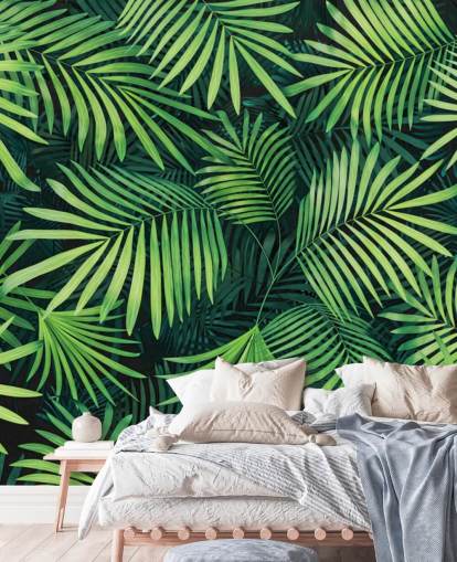mural de papel pintado con hojas verdes personalizables llamado Hojas de palmera para cocinas o dormitorios
