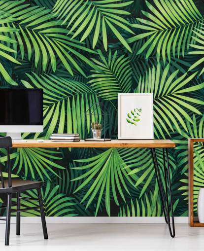 mural de papel pintado con hojas verdes personalizables llamado Hojas de palmera para cocinas o dormitorios