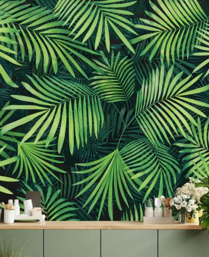 carta da parati murale con foglie verdi personalizzabili chiamata Leaves of Palm Tree per cucine o camere da letto