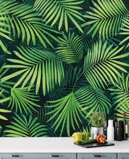 mural de papel pintado con hojas verdes personalizables llamado Hojas de palmera para cocinas o dormitorios mural de papel pintado con hojas verdes personalizables llamado Hojas de palmera para cocinas o dormitorios