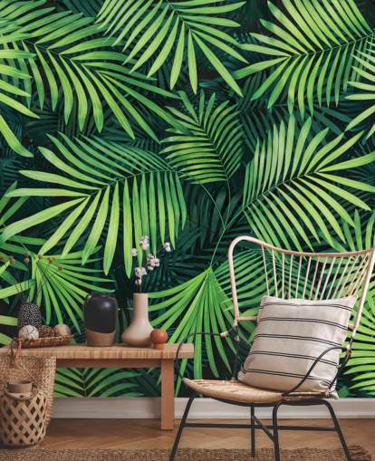 mural de papel pintado con hojas verdes personalizables llamado Hojas de palmera para cocinas o dormitorios
