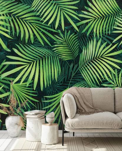 carta da parati murale con foglie verdi personalizzabili chiamata Leaves of Palm Tree per cucine o camere da letto