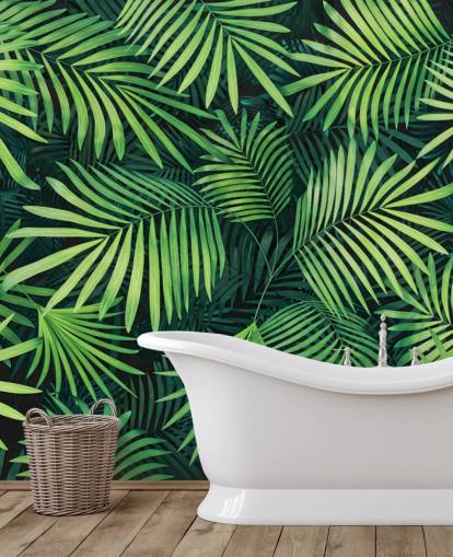 mural de papel pintado con hojas verdes personalizables llamado Hojas de palmera para cocinas o dormitorios