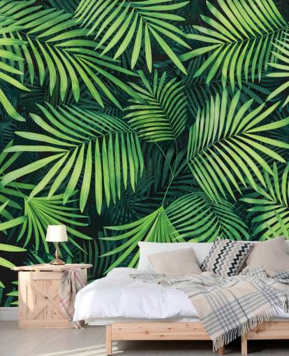 carta da parati murale con foglie verdi personalizzabili chiamata Leaves of Palm Tree per cucine o camere da letto