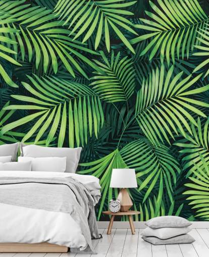 mural de papel pintado con hojas verdes personalizables llamado Hojas de palmera para cocinas o dormitorios