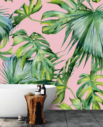 rosafarbenes und grünes Palmblatt-Wandbild namens Pink Jungle für Wohn- oder Schlafzimmer