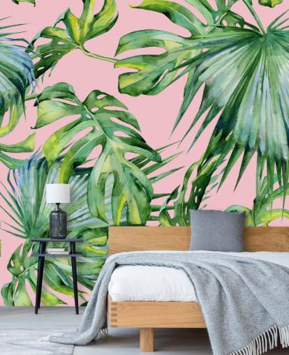 pink and green palm leaf wallpaper mural called Pink Jungle for living room or bedroom