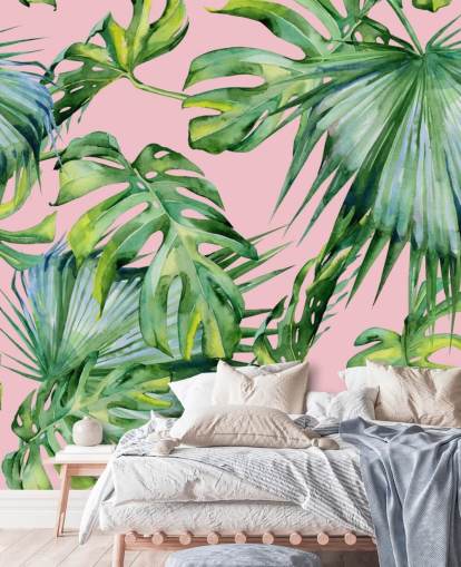 rosa og grønt palmeblad tapet veggmaleri kalt Pink Jungle for stue eller soverom