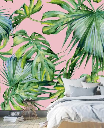 pink and green palm leaf wallpaper mural called Pink Jungle for living room or bedroom