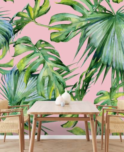 papier peint mural rose et vert en feuille de palmier appelé Pink Jungle pour salon ou chambre papier peint mural rose et vert en feuille de palmier appelé Pink Jungle pour salon ou chambre