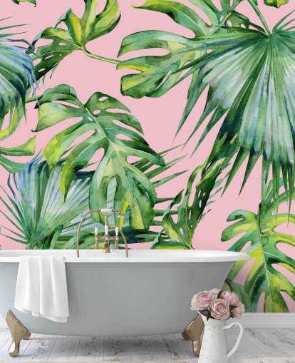 rosa og grønt palmeblad tapet veggmaleri kalt Pink Jungle for stue eller soverom