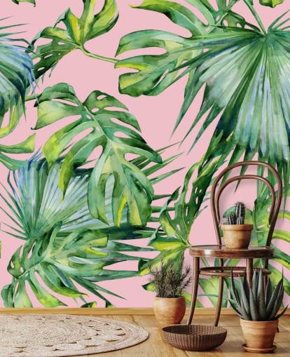 roze en groene palmblad muurschildering genaamd Pink Jungle voor woonkamer of slaapkamer
