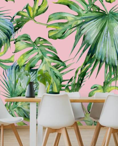 roze en groene palmblad muurschildering genaamd Pink Jungle voor woonkamer of slaapkamer