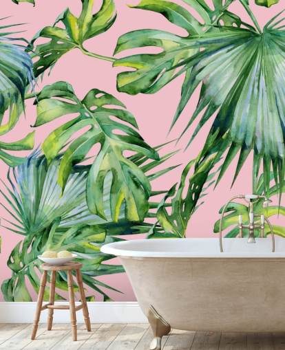 papier peint mural rose et vert en feuille de palmier appelé Pink Jungle pour salon ou chambre papier peint mural rose et vert en feuille de palmier appelé Pink Jungle pour salon ou chambre