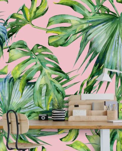 rosafarbenes und grünes Palmblatt-Wandbild namens Pink Jungle für Wohn- oder Schlafzimmer