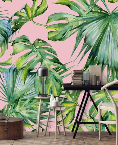 papier peint mural rose et vert en feuille de palmier appelé Pink Jungle pour salon ou chambre papier peint mural rose et vert en feuille de palmier appelé Pink Jungle pour salon ou chambre