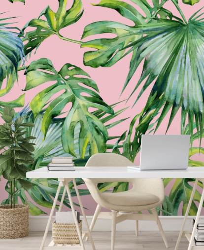 papier peint mural rose et vert en feuille de palmier appelé Pink Jungle pour salon ou chambre papier peint mural rose et vert en feuille de palmier appelé Pink Jungle pour salon ou chambre