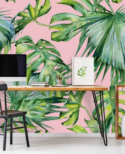 roze en groene palmblad muurschildering genaamd Pink Jungle voor woonkamer of slaapkamer