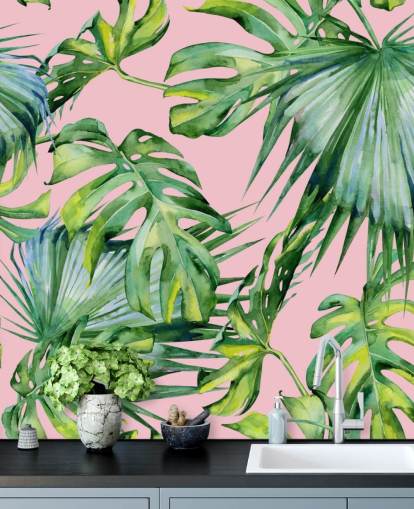 rosafarbenes und grünes Palmblatt-Wandbild namens Pink Jungle für Wohn- oder Schlafzimmer rosafarbenes und grünes Palmblatt-Wandbild namens Pink Jungle für Wohn- oder Schlafzimmer