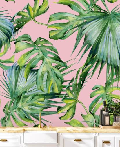 vaaleanpunainen ja vihreä palmunlehtitaustakuvamaalaus nimeltä Pink Jungle olohuoneeseen tai makuuhuoneeseen vaaleanpunainen ja vihreä palmunlehtitaustakuvamaalaus nimeltä Pink Jungle olohuoneeseen tai makuuhuoneeseen