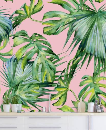 roze en groene palmblad muurschildering genaamd Pink Jungle voor woonkamer of slaapkamer