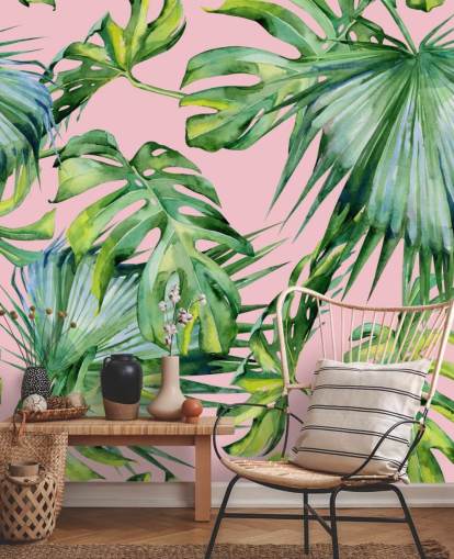 rosa og grønt palmeblad tapet veggmaleri kalt Pink Jungle for stue eller soverom