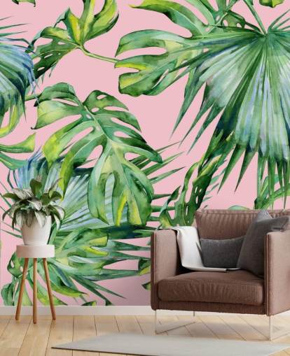 lyserødt og grønt palmeblad tapetmaleri kaldet Pink Jungle til stue eller soveværelse