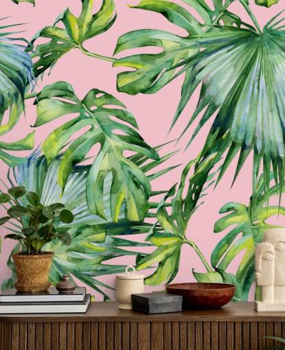 pink and green palm leaf wallpaper mural called Pink Jungle for living room or bedroom