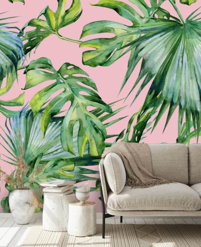 rosafarbenes und grünes Palmblatt-Wandbild namens Pink Jungle für Wohn- oder Schlafzimmer