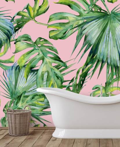 mural de papel de parede em folha de palmeira rosa e verde chamado Pink Jungle para sala de estar ou quarto