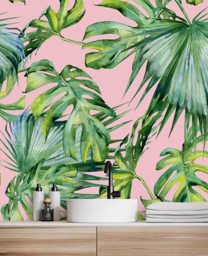 mural de papel de parede em folha de palmeira rosa e verde chamado Pink Jungle para sala de estar ou quarto