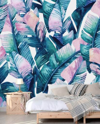 violetti sävytetty vihreät lehdet tapetti