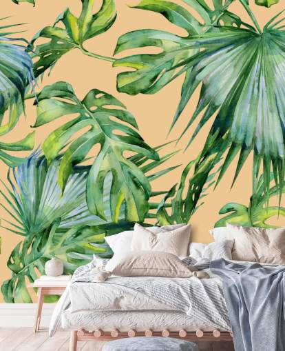 perzikkleurige groene palmbladeren behang perzikkleurige groene palmbladeren behang