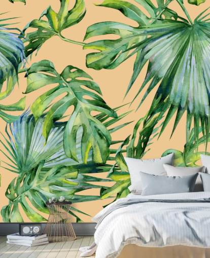 peach toned green palm leaves wallpaper
