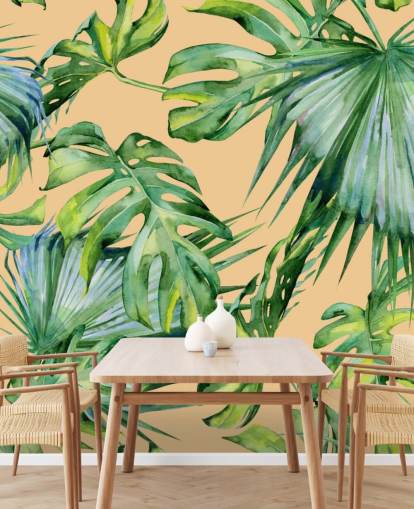 peach toned green palm leaves wallpaper