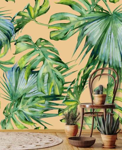 peach toned green palm leaves wallpaper peach toned green palm leaves wallpaper