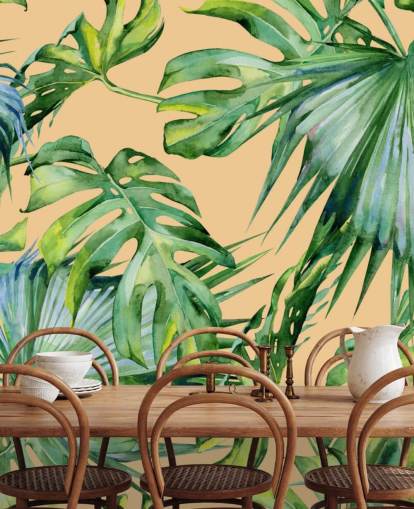 peach toned green palm leaves wallpaper