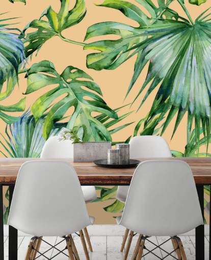 perzikkleurige groene palmbladeren behang perzikkleurige groene palmbladeren behang