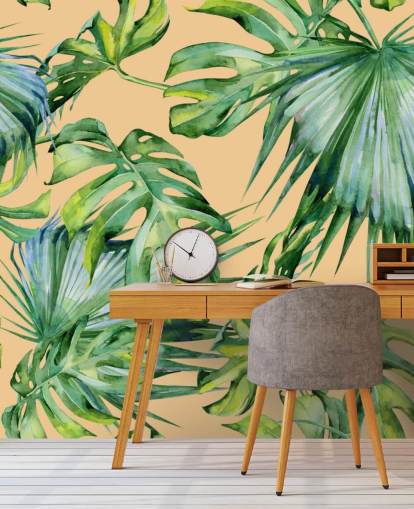 papel pintado de hojas de palma verde melocotón