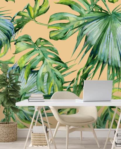 peach toned green palm leaves wallpaper