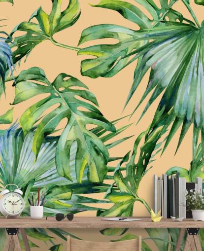 peach toned green palm leaves wallpaper