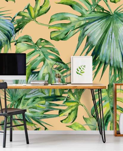 peach toned green palm leaves wallpaper